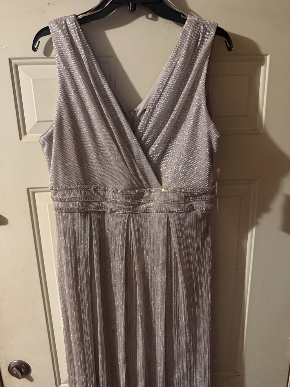 David's Bridal Silver Shimmer Maxi Dress with V-Neck